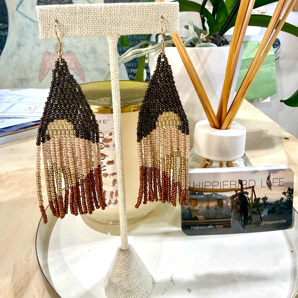 Beaded Fringe Dangle Earrings in Brown and Cream